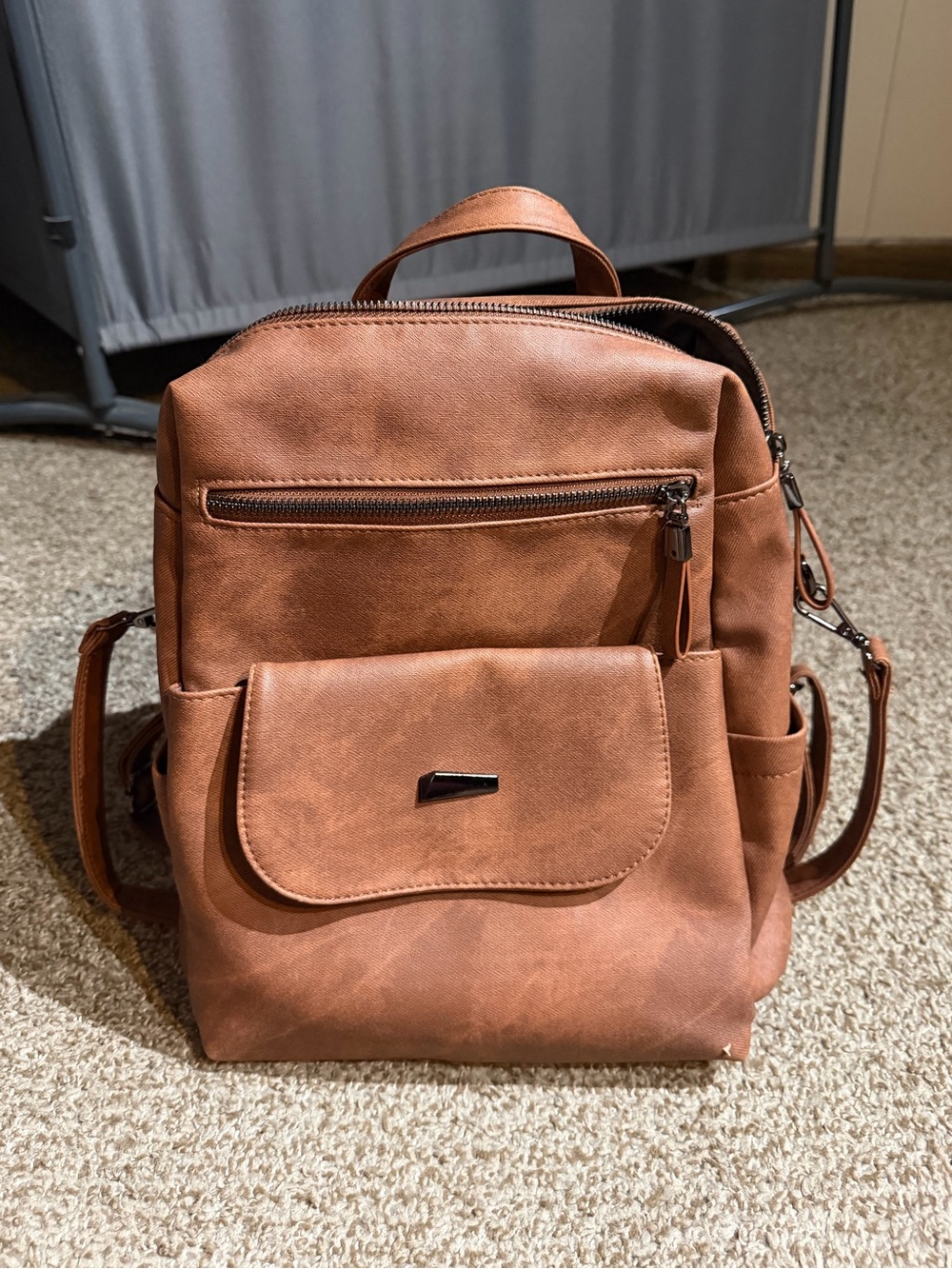 Brown Faux Leather Multi-Pocket Backpack